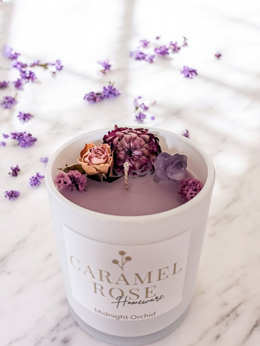 Amethyst Crystal Botanical Candle in Midnight Orchid