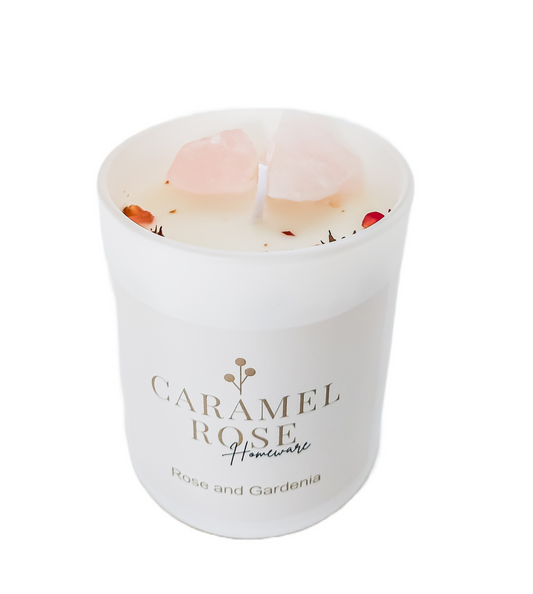 Rose Quartz Botanical Candle in Rose and Gardenia