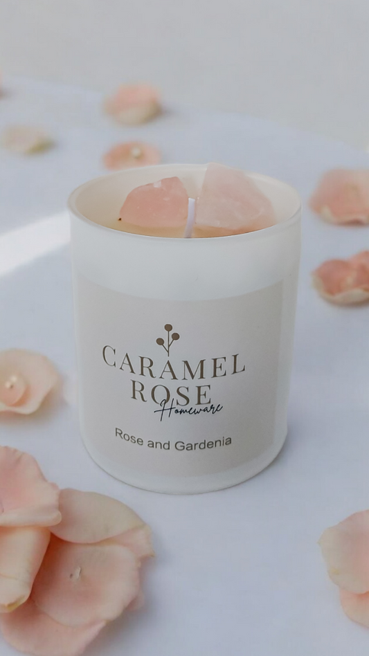 Rose Quartz Botanical Candle in Rose and Gardenia